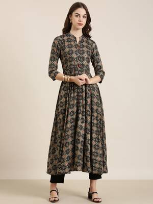 women's ankle length mandarin collar black bandhani anarkali kurta 2
