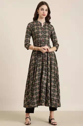 women's ankle length mandarin collar black bandhani anarkali kurta