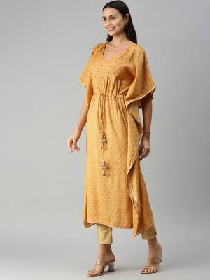 women's ankle length v-neck mustard floral kaftan kurta 3