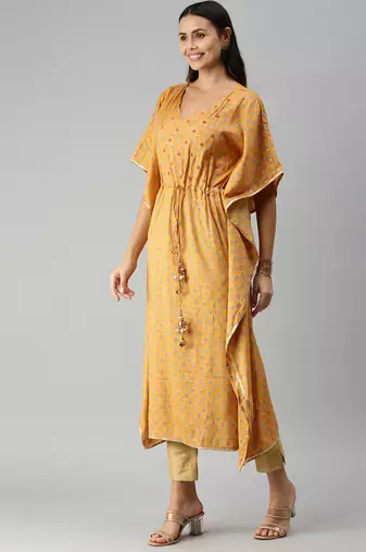 women's ankle length v-neck mustard floral kaftan kurta