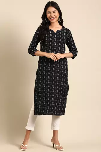 women's calf length round neck black ethnic motifs straight kurta