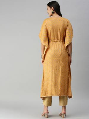 women's ankle length v-neck mustard floral kaftan kurta 4