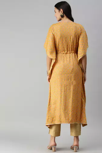 women's ankle length v-neck mustard floral kaftan kurta