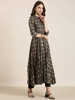 women's ankle length mandarin collar black bandhani anarkali kurta 4
