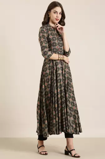 women's ankle length mandarin collar black bandhani anarkali kurta