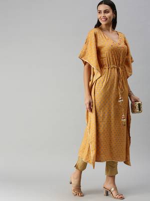 women's ankle length v-neck mustard floral kaftan kurta 5