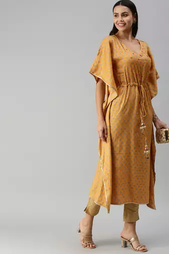 women's ankle length v-neck mustard floral kaftan kurta
