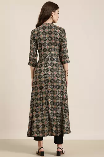 women's ankle length mandarin collar black bandhani anarkali kurta