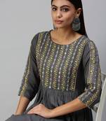 women's ankle length round neck grey floral anarkali kurta