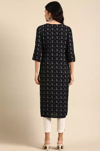 women's calf length round neck black ethnic motifs straight kurta