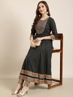 women's calf length round neck green ethnic motifs anarkali kurta 1