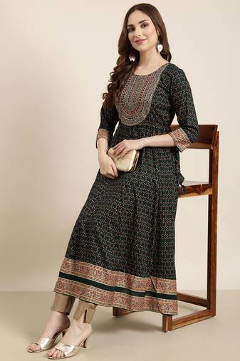 women's calf length round neck green ethnic motifs anarkali kurta