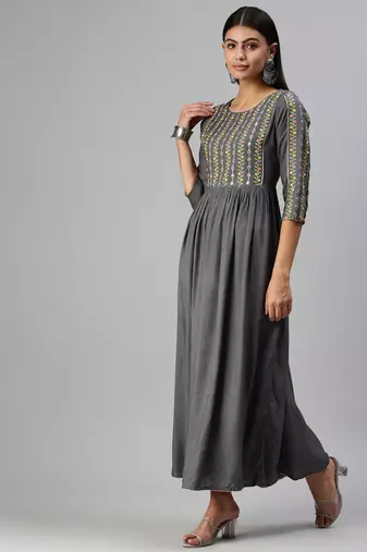 women's ankle length round neck grey floral anarkali kurta
