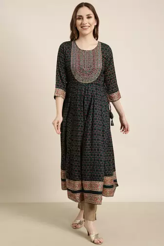 women's calf length round neck green ethnic motifs anarkali kurta