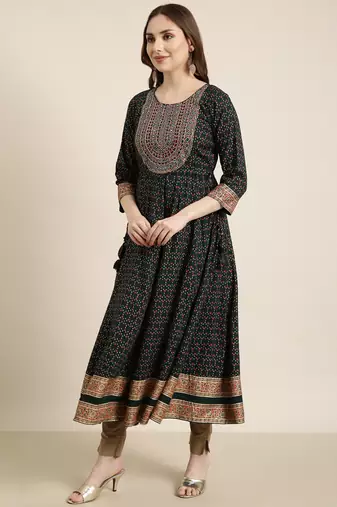 women's calf length round neck green ethnic motifs anarkali kurta