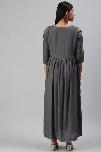 women's ankle length round neck grey floral anarkali kurta