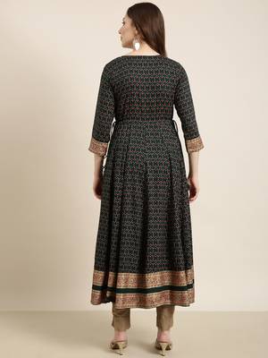 women's calf length round neck green ethnic motifs anarkali kurta 4