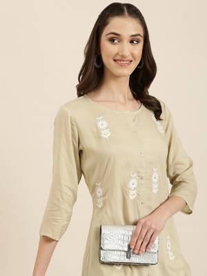 women's calf length round neck beige floral a-line kurta 1