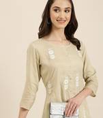 women's calf length round neck beige floral a-line kurta
