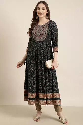 women's calf length round neck green ethnic motifs anarkali kurta