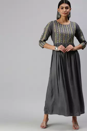 women's ankle length round neck grey floral anarkali kurta
