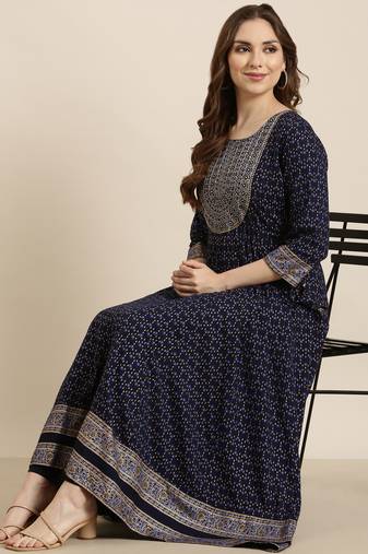 women's calf length round neck navy blue floral anarkali kurta