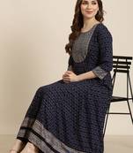 women's calf length round neck navy blue floral anarkali kurta
