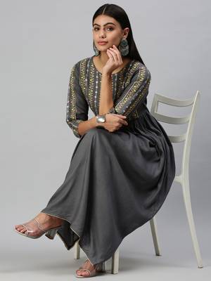 women's ankle length round neck grey floral anarkali kurta 5