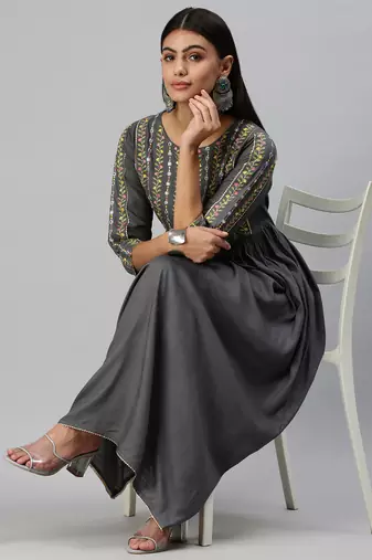 women's ankle length round neck grey floral anarkali kurta