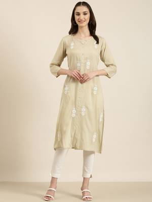 women's calf length round neck beige floral a-line kurta 2