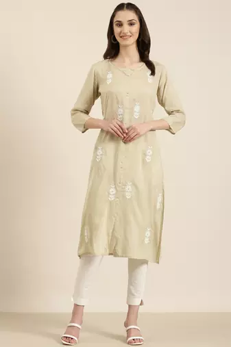women's calf length round neck beige floral a-line kurta