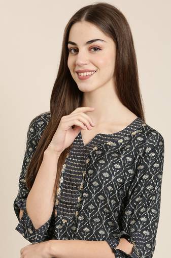 women's calf length round neck grey floral straight kurta