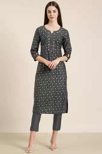 women's calf length round neck grey floral straight kurta