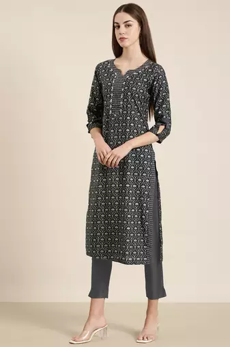 women's calf length round neck grey floral straight kurta
