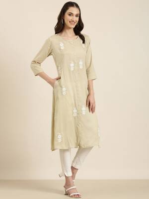 women's calf length round neck beige floral a-line kurta 4