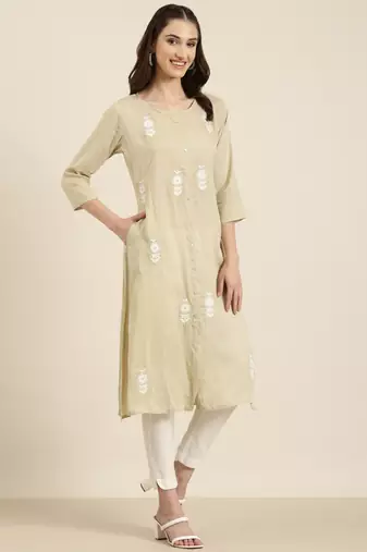 women's calf length round neck beige floral a-line kurta