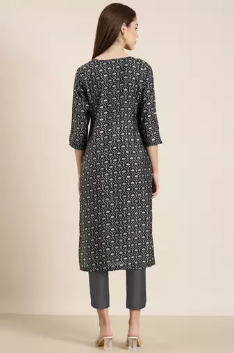 women's calf length round neck grey floral straight kurta