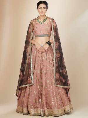 pink embroidered georgette lehenga set choli with dupatta 2