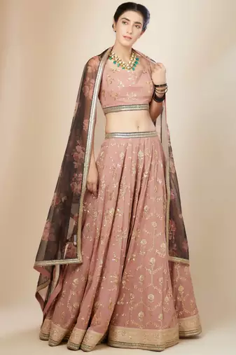 pink embroidered georgette lehenga set choli with dupatta