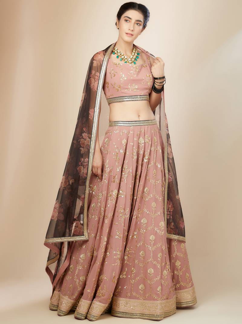 Amazing Pink Embroidered Georgette Wedding Wear Lehenga Choli