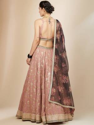 pink embroidered georgette lehenga set choli with dupatta 4