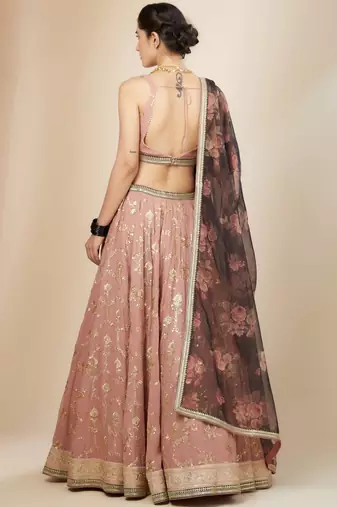 pink embroidered georgette lehenga set choli with dupatta