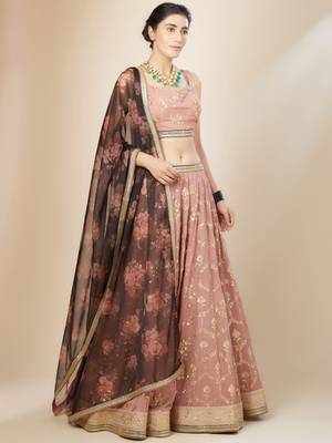 pink embroidered georgette lehenga set choli with dupatta 5