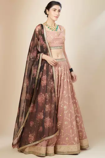 pink embroidered georgette lehenga set choli with dupatta