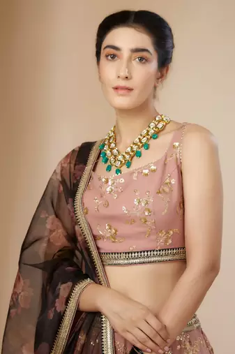 pink embroidered georgette lehenga set choli with dupatta