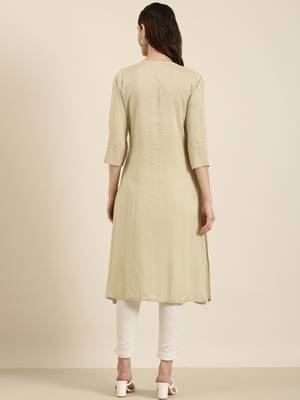 women's calf length round neck beige floral a-line kurta 5