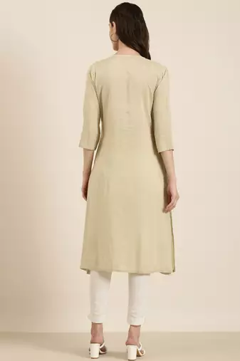 women's calf length round neck beige floral a-line kurta