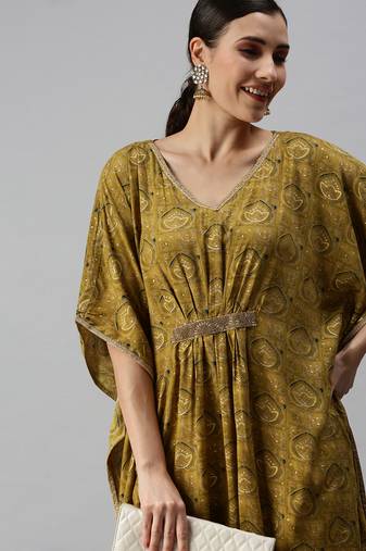 Showoff women's calf length v-neck green ethnic motifs kaftan kurta