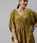 Showoff women's calf length v-neck green ethnic motifs kaftan kurta