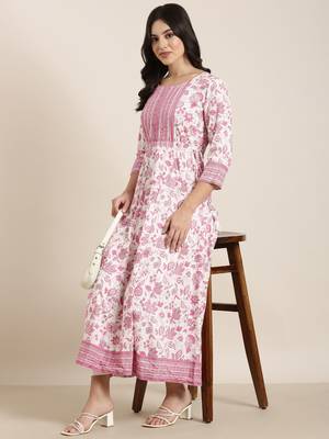 women's calf length round neck pink floral anarkali kurta 1